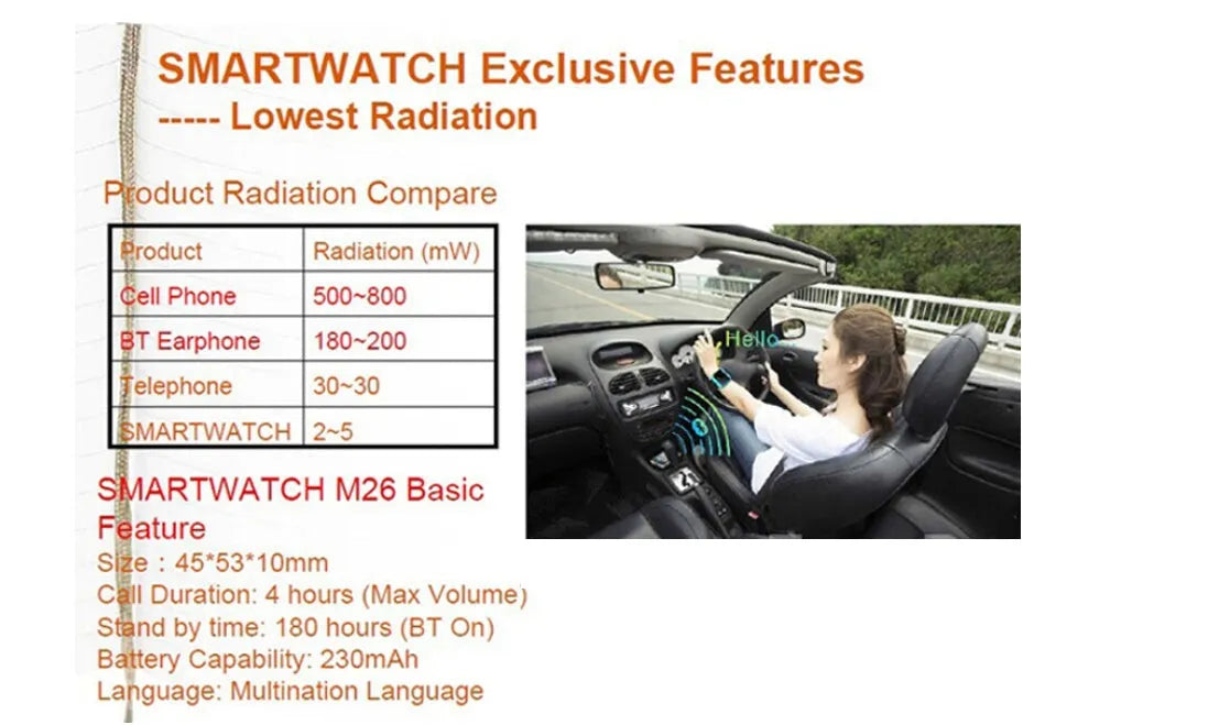 Smart Bluetooth sports watch in black, white, or blue, showing smartphone compatibility and features like calling and fitness tracking.