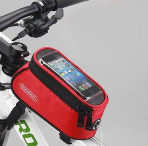 ROSWHEEL PVC bicycle frame bag for iPhone mounted on a bike frame, shown in red colour.