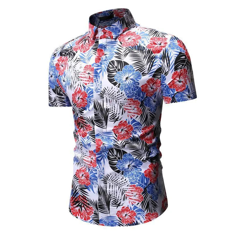 Men's summer floral shirt with square collar short sleeves in blue polyester on white background