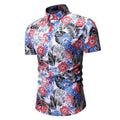 Men's summer floral shirt with square collar short sleeves in blue polyester on white background