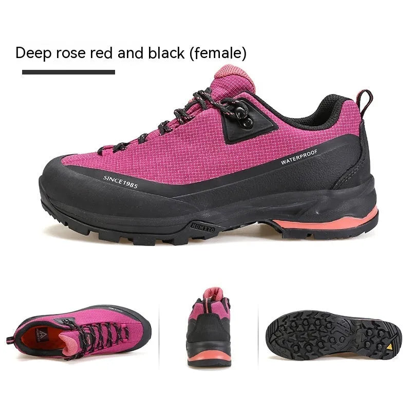 Men's low-top casual hiking boots in black with leather mesh upper and lace-up front.