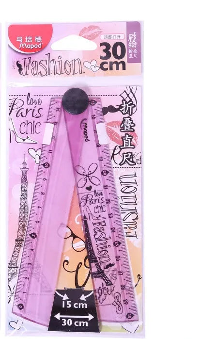 30cm widened rotary folding ruler in blue and pink colour options on a white background