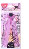 30cm widened rotary folding ruler in blue and pink colour options on a white background