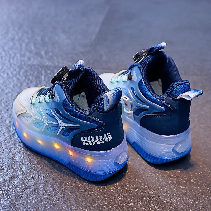 Children's flash knob roller skating shoes with rotate button closure in blue colour