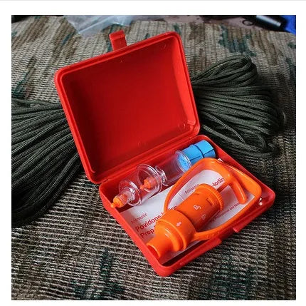 Orange ABS venom suction device with two suction cup sizes, vacuum pump, tourniquet and antiseptic swabs for field first aid