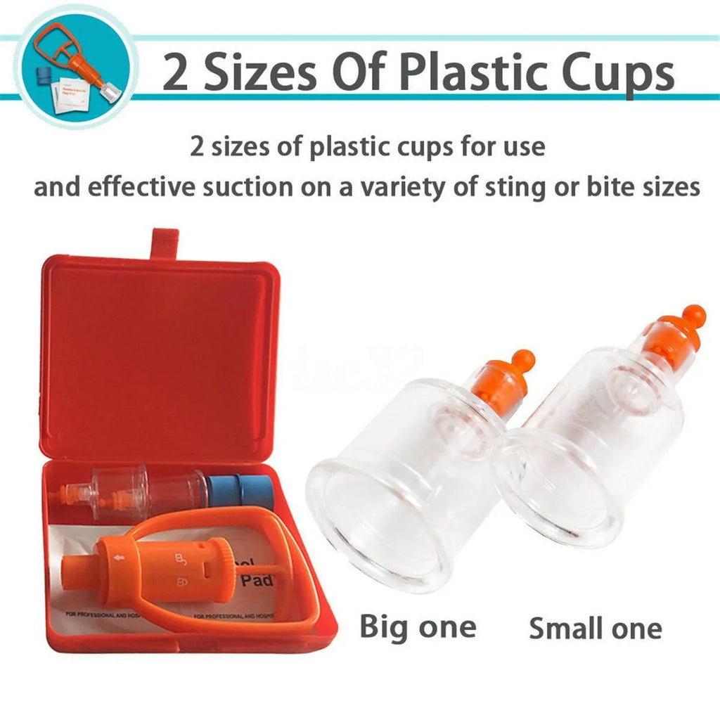 Orange ABS venom suction device with two suction cup sizes, vacuum pump, tourniquet and antiseptic swabs for field first aid