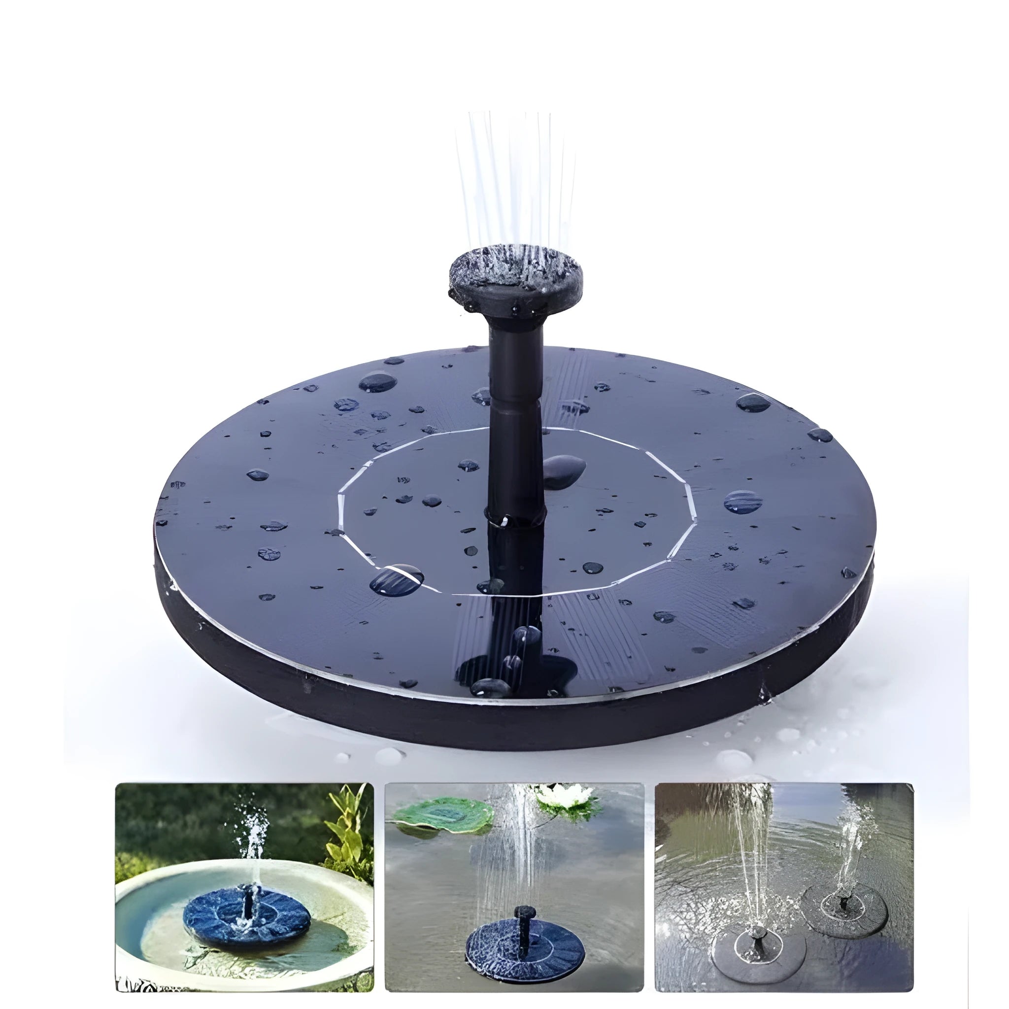 Black solar-powered floating fountain pump with four spray nozzles on a solar panel base