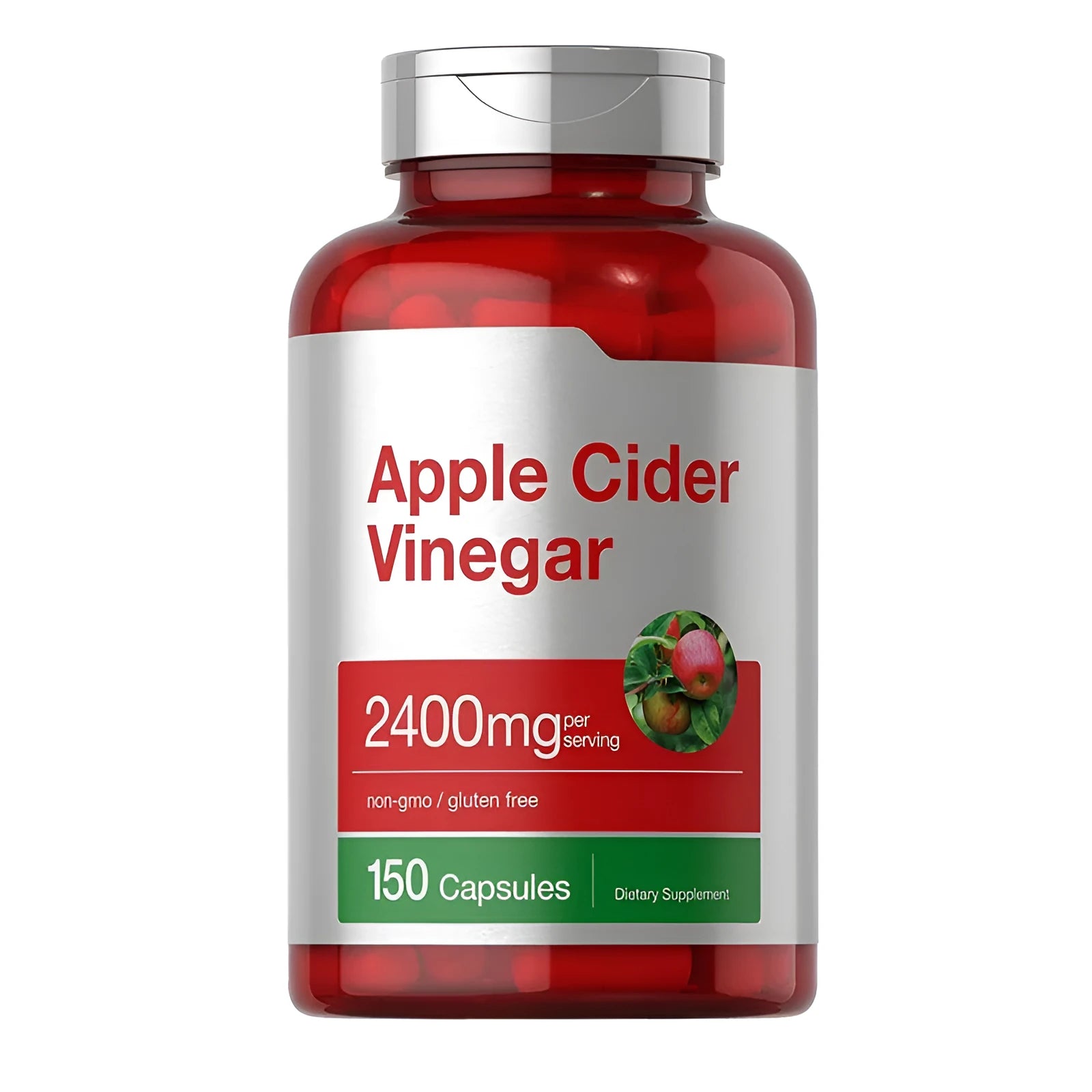 Pack of 150 apple vinegar dietary supplement capsules.