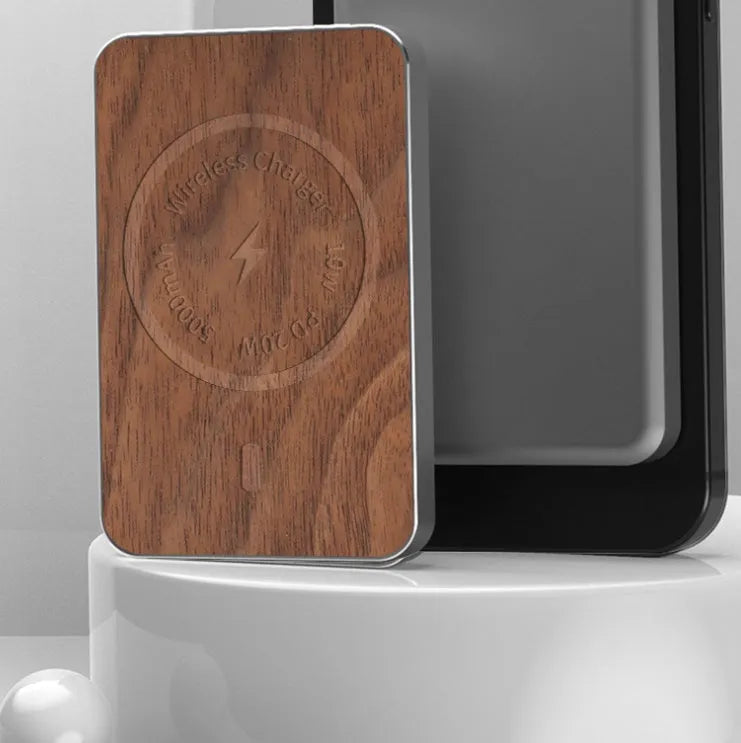 Khaki-coloured magnetic wireless charging bank with 5000mAh capacity and compact design