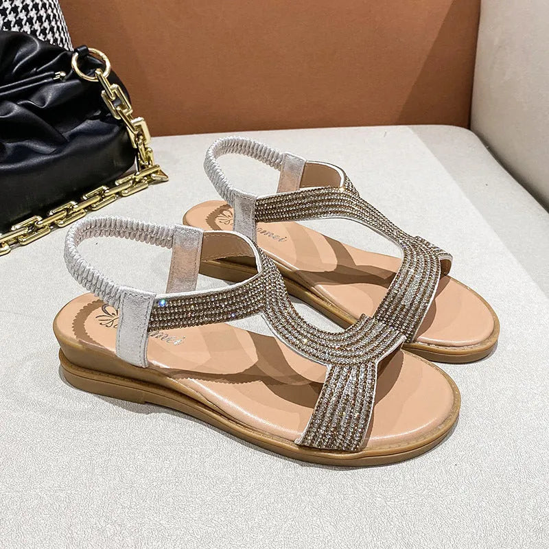 Women's gold summer sandals with rhinestone decoration and round toe design on non-slip sole