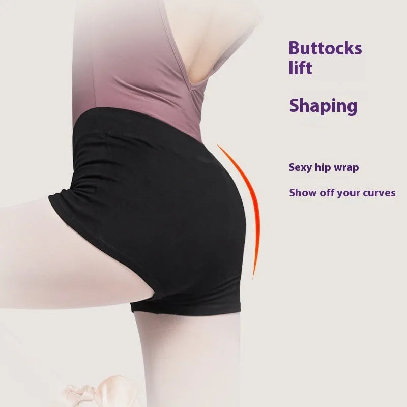 Black cotton ballet practice shorts for women with elastic waistband
