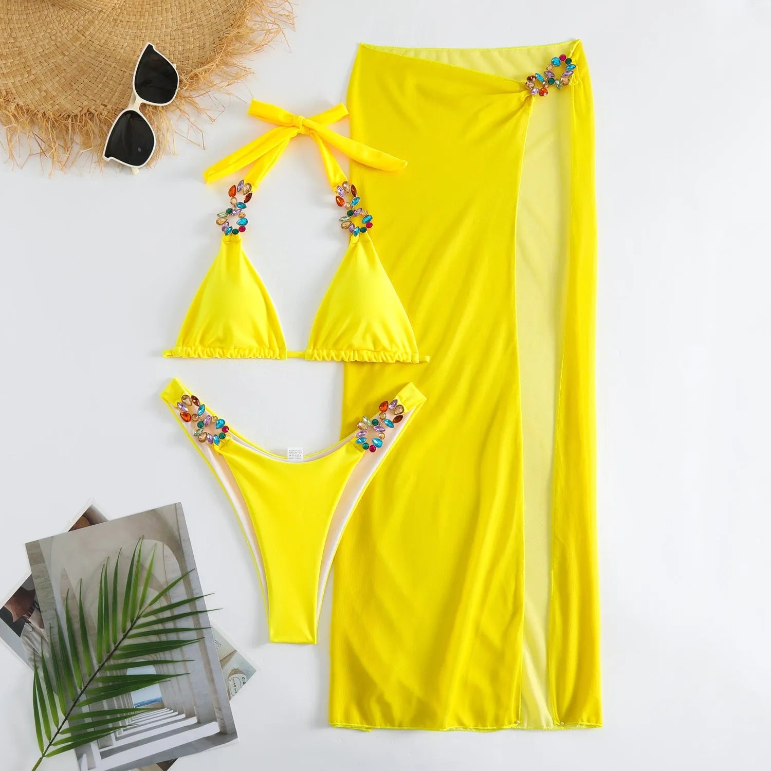 Three-piece swimsuit bikini set with mesh long skirt in light diamond print polyester fabric