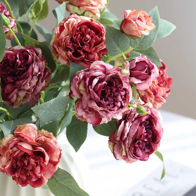 Three-head emulational silk rose stem with baking edge, beige colour, for home decor or wedding props