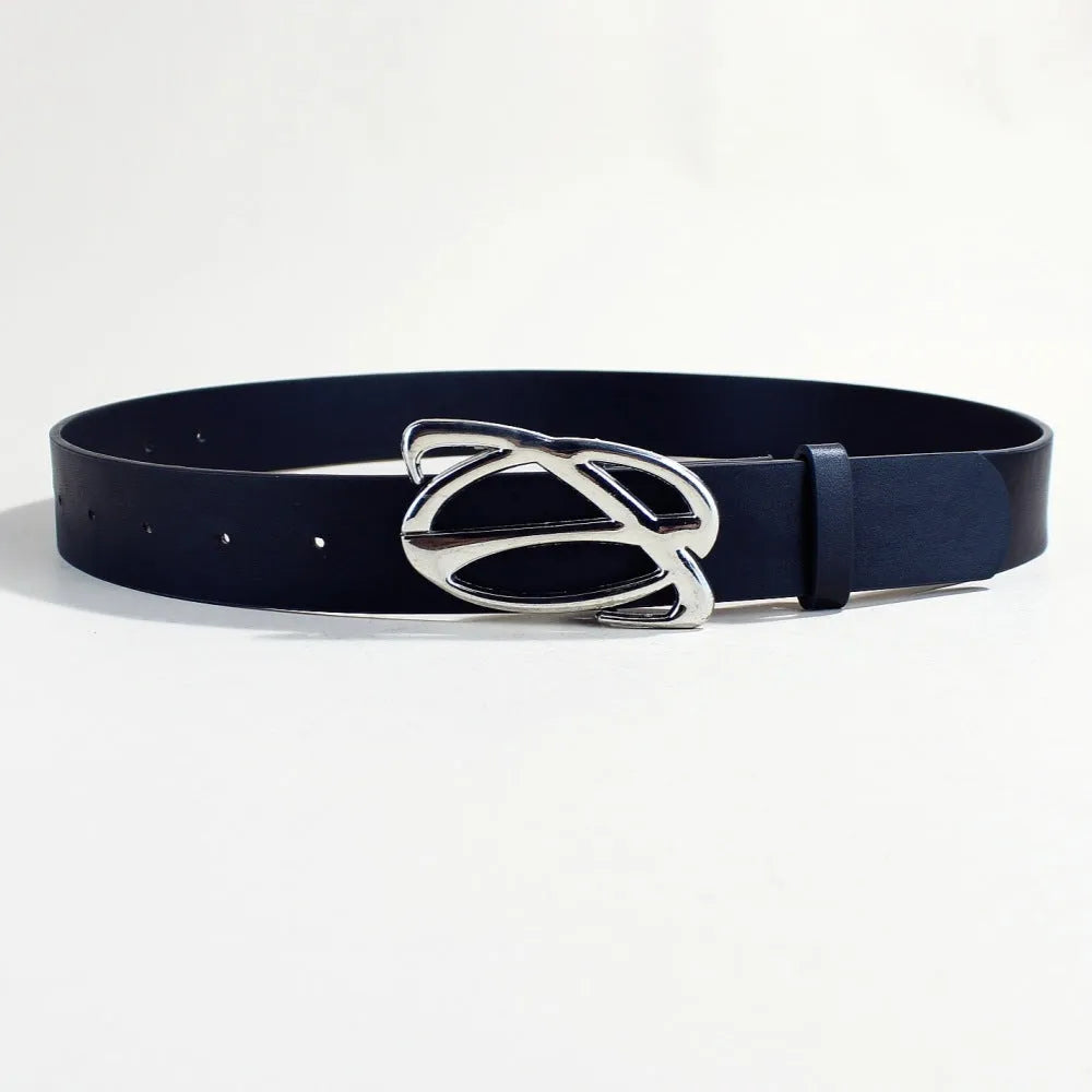 Silver buckle casual PU leather belt with snap button fastening, 105cm long