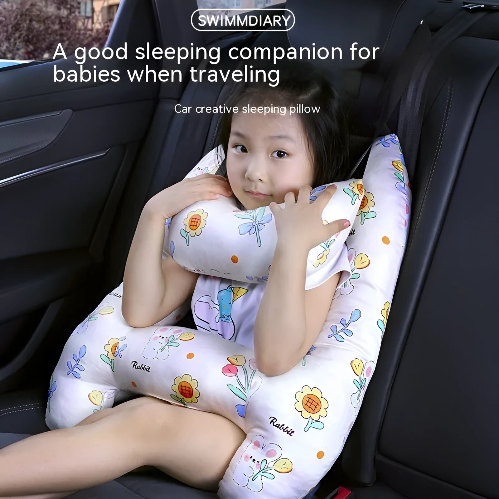 Car sleeping pillow with printed pattern attached to headrest for neck support