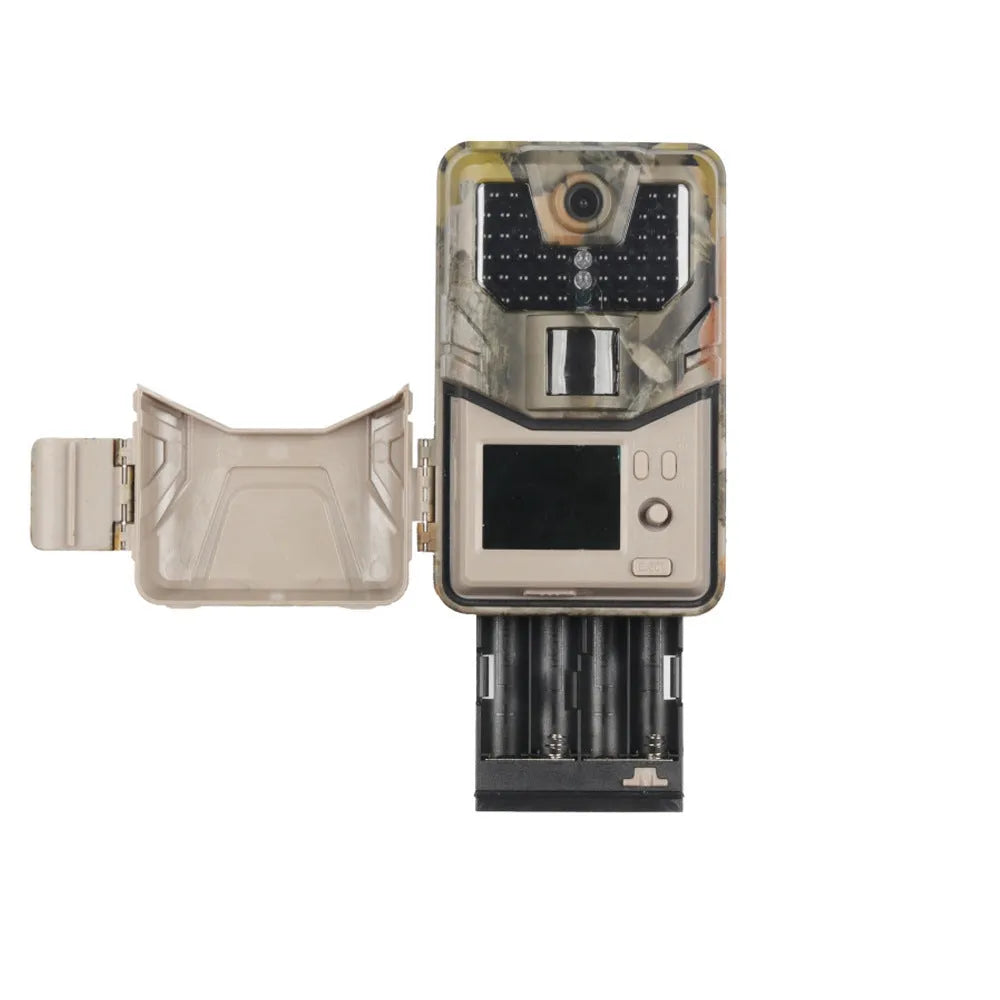 Outdoor camouflaged Bluetooth trail camera with infrared LEDs for night vision and mobile app connectivity.