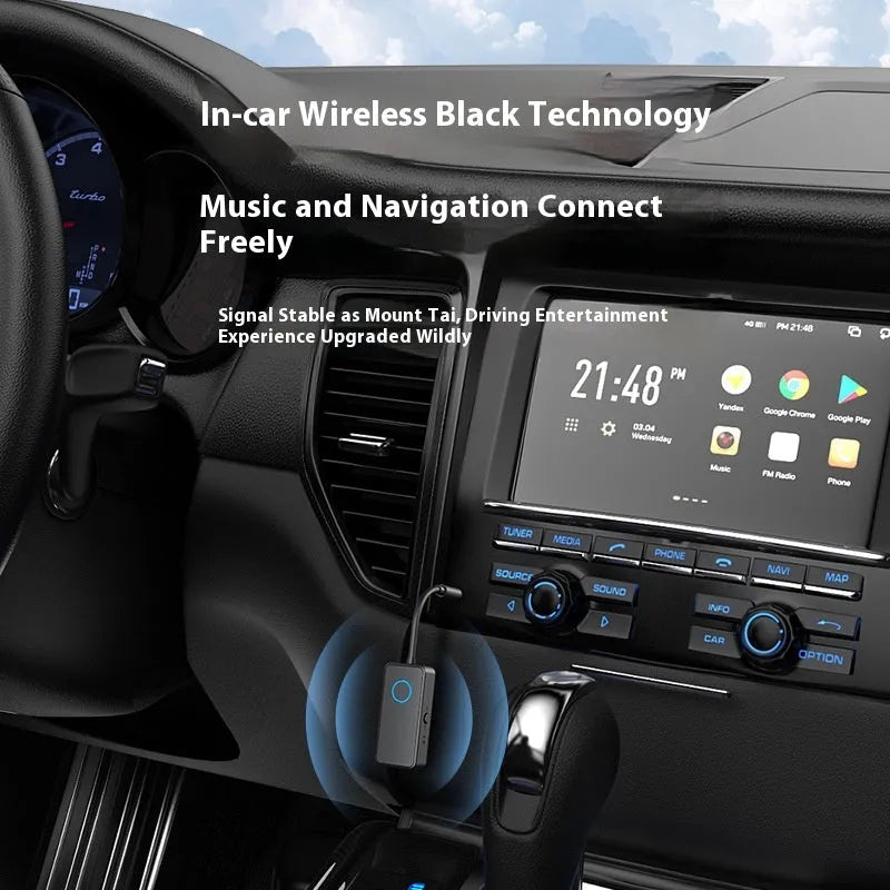 Black Bluetooth 5.4 audio adapter with 3.5mm plug for wireless conversion of wired audio devices