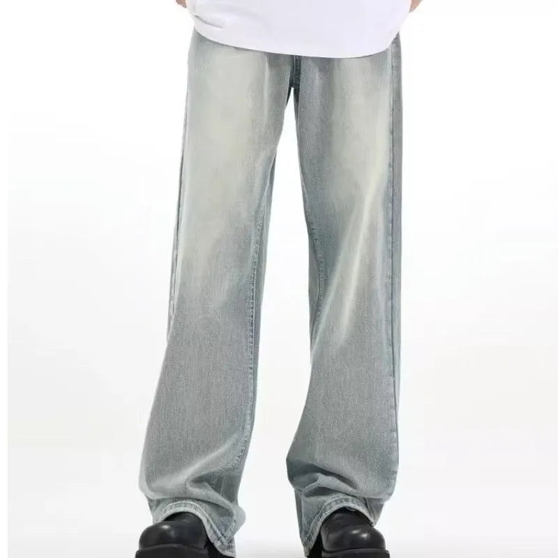 Blue retro trousers with loose fit and rabbit fur fabric composition on size chart