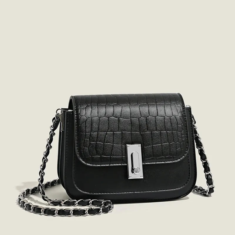 Soft PU women's chain shoulder bag in horizontal square design with sandwich pockets