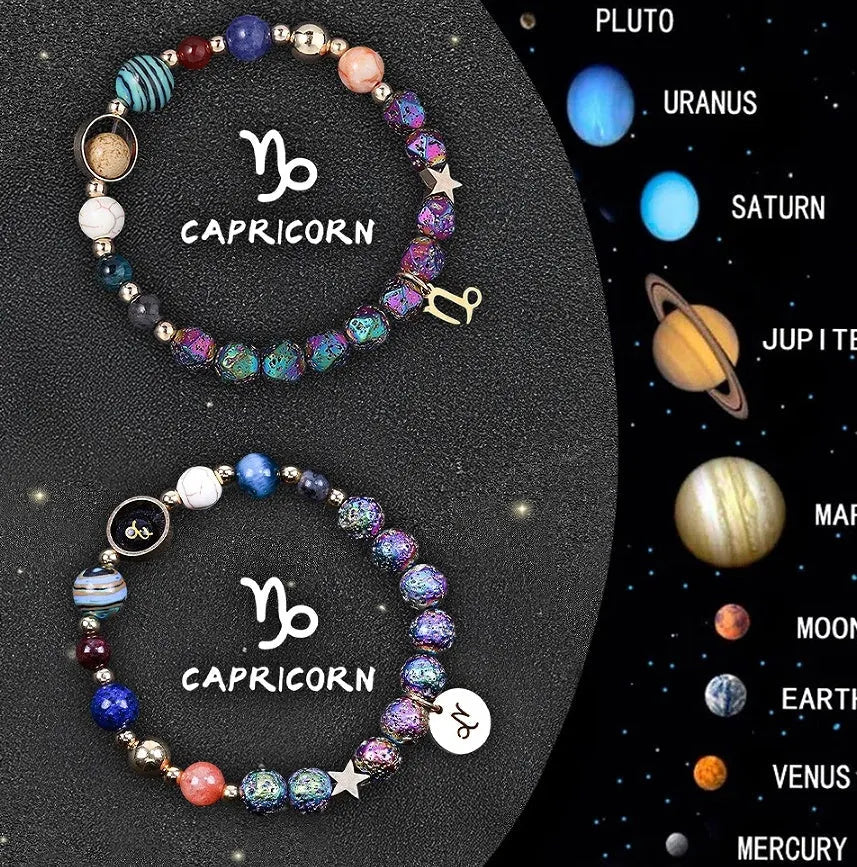 Natural stone zodiac beaded bracelet with adjustable cord showing astrological symbol details