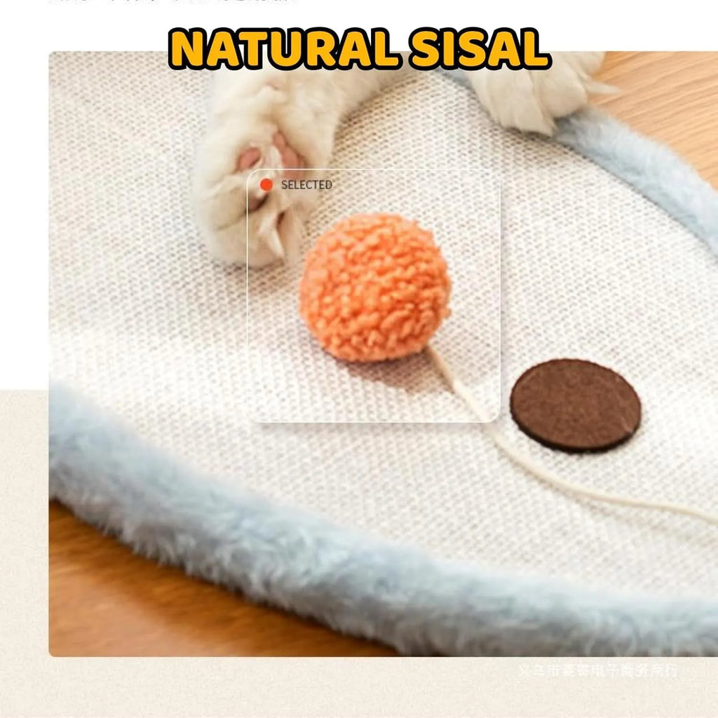 White cat scratching mat with sleeping cat cartoon design, made from natural sisal.