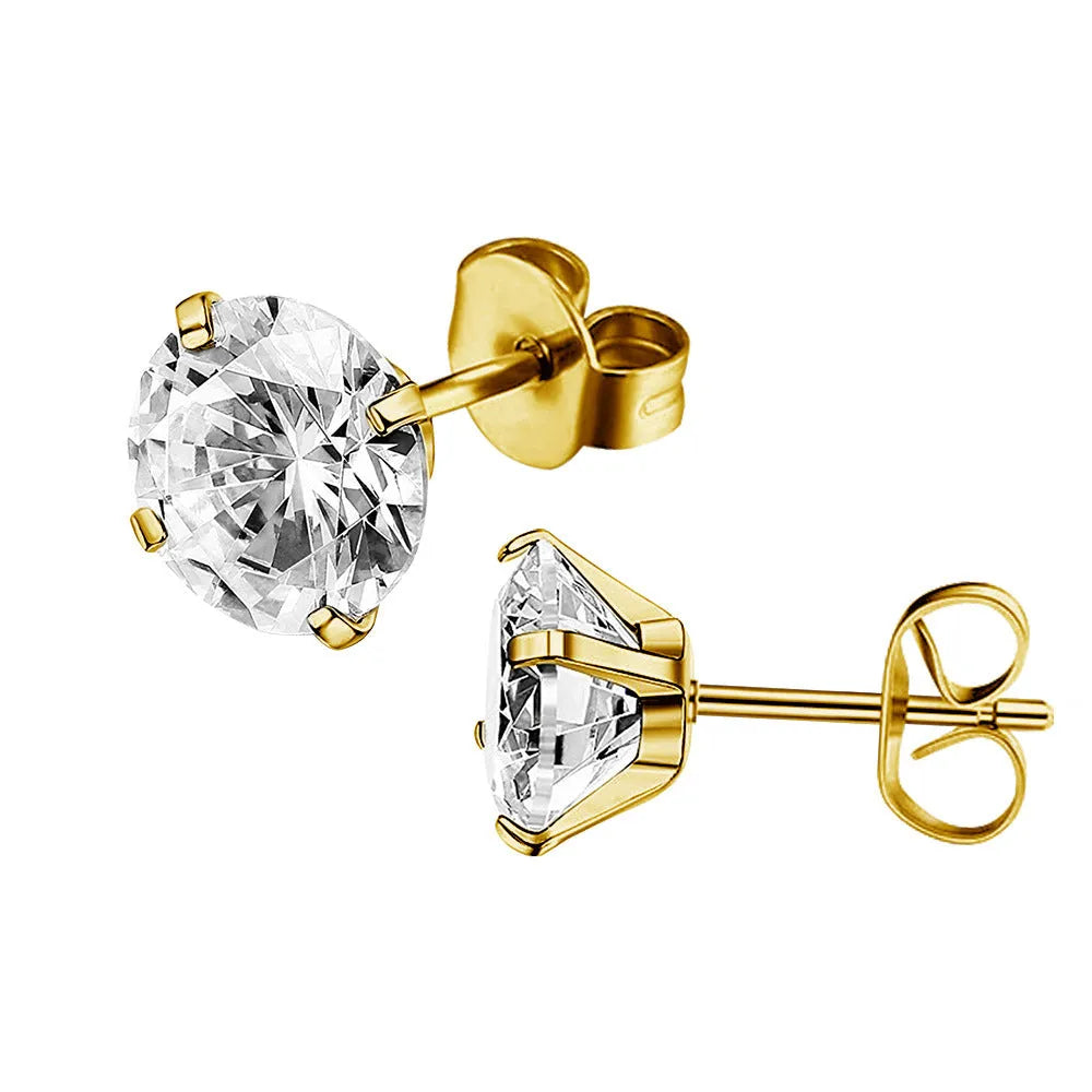 A pair of stainless steel geometric square zircon stud earrings on a plain background.