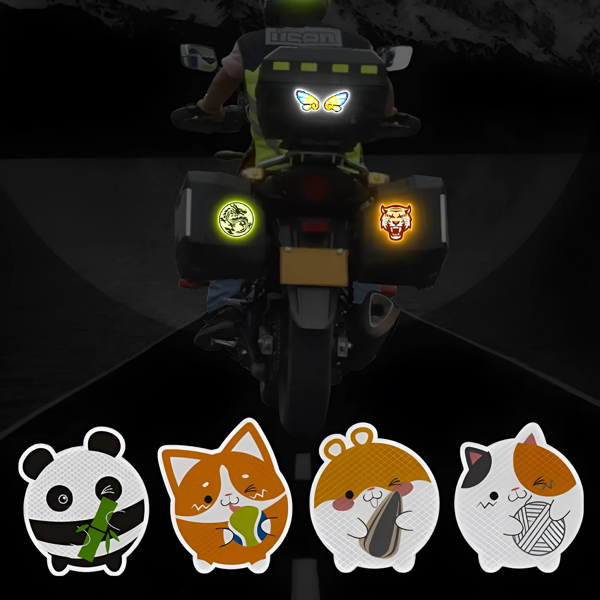 A pair of diamond reflective warning stickers for cars and motorcycles, showing sample designs.