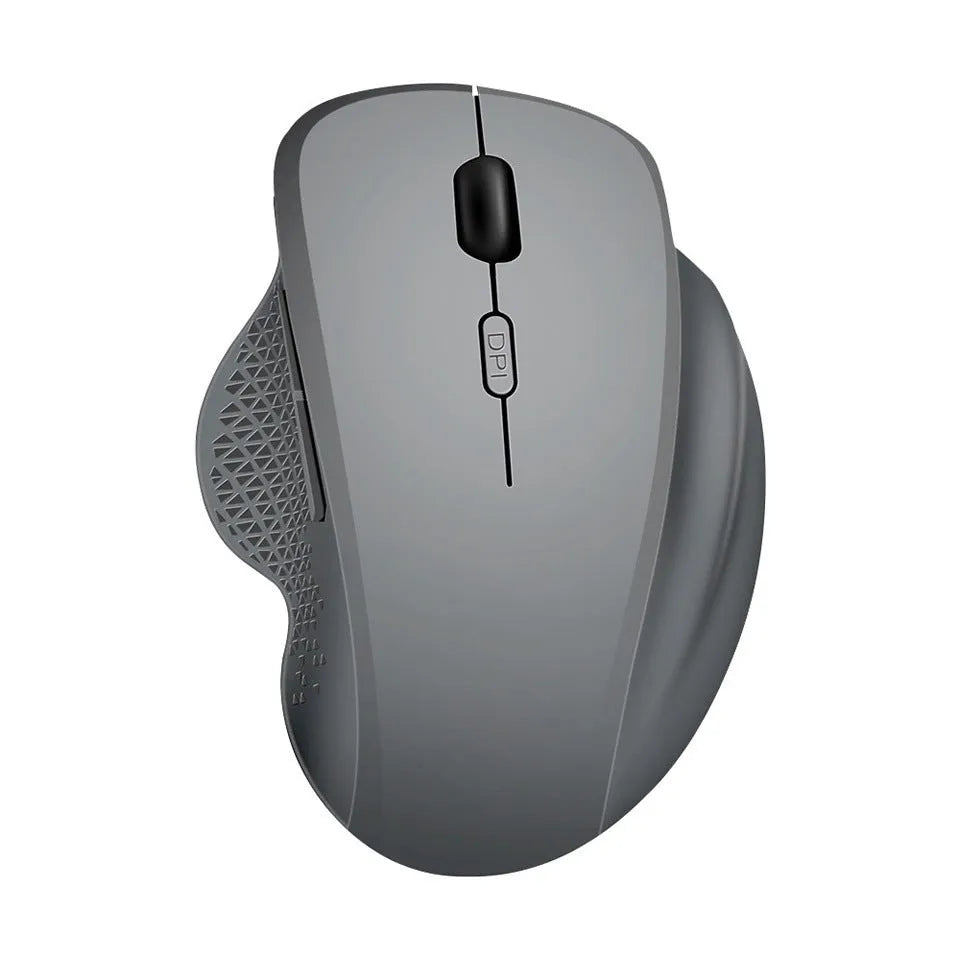 Grey and black wireless USB-charging laptop mouse with cable on a white background.