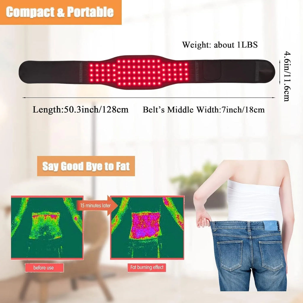 Black infrared red light physical therapy belt with heating for waist pain relief.