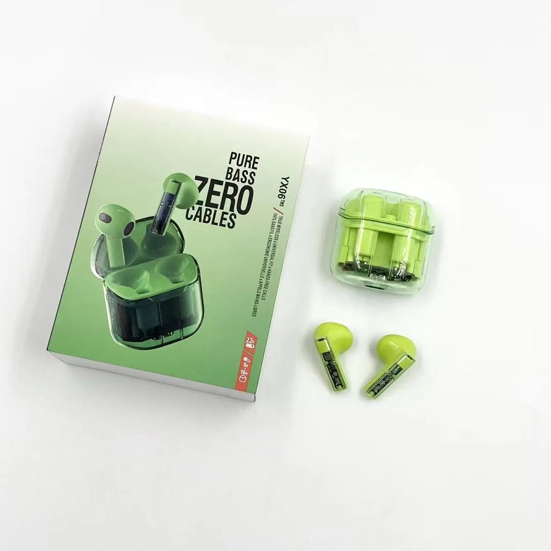 YX06 transparent TWS wireless headphones in black, white, green, and orange colours with charging case.