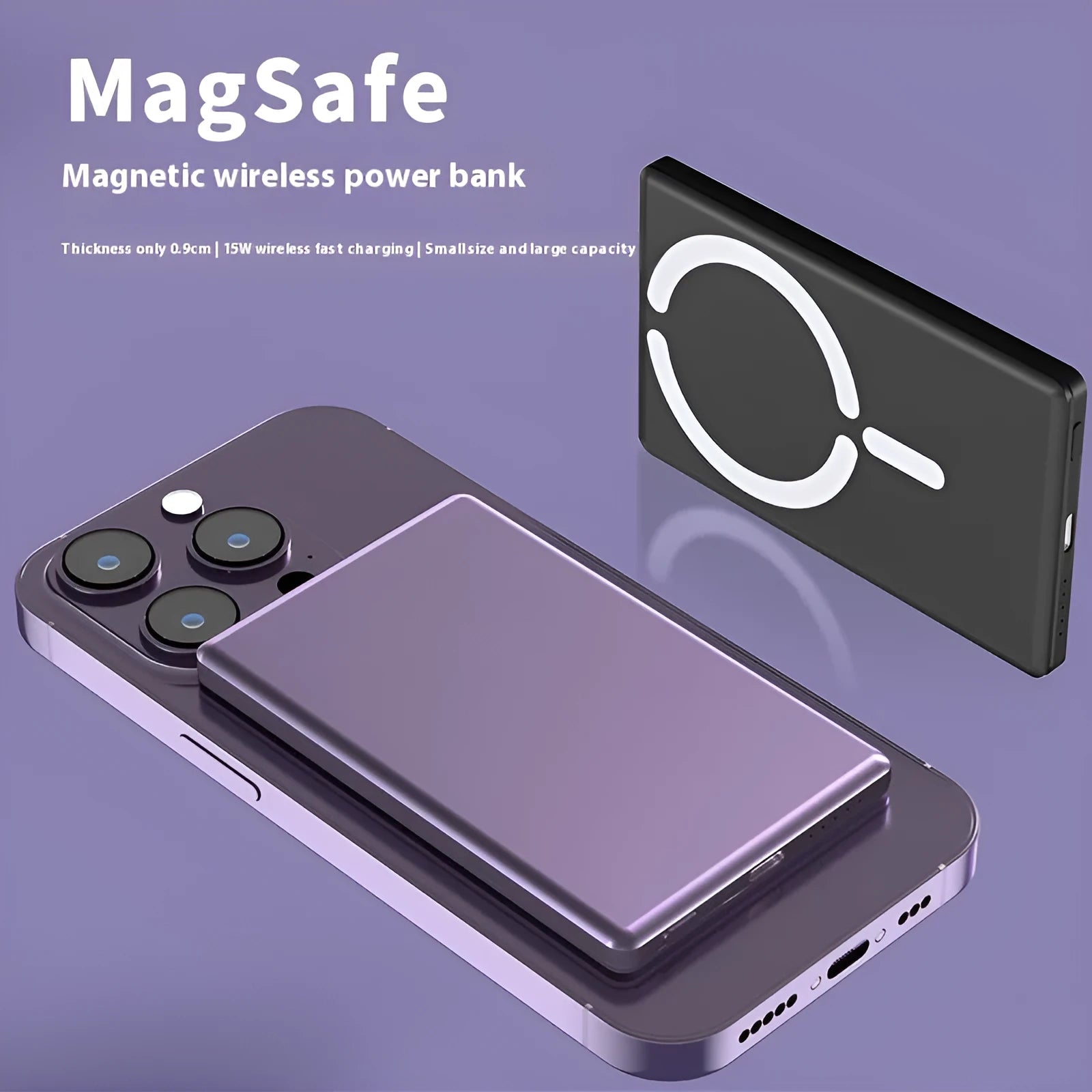 Ultra-thin magnetic power bank in black silver grey violet with 10000mAh or 5000mAh capacity for iPhone charging
