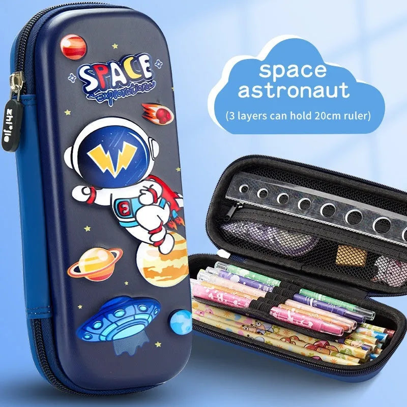 3D leather pencil case with decorative design options including astronauts, dinosaurs and mermaids