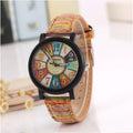 Vintage leather women's quartz watch with 37mm round dial and stainless steel buckle