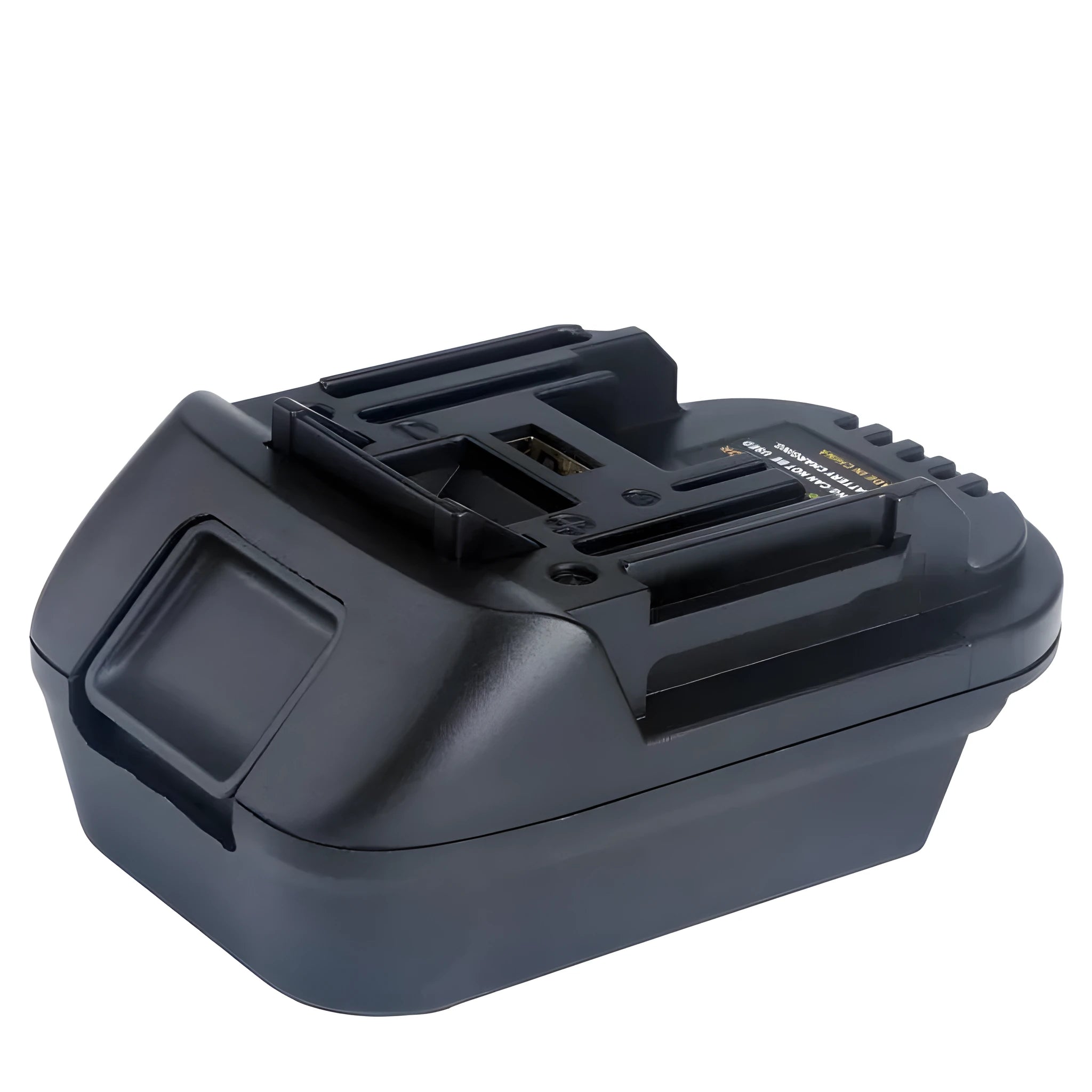 Black Milwaukee to Makita battery adapter showing DM18M to H99F connection for power tools