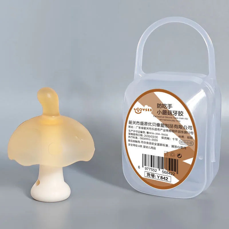 Mushroom-shaped silicone chewing gum in pink or nano colour, 10cm diameter, with transparent box packaging