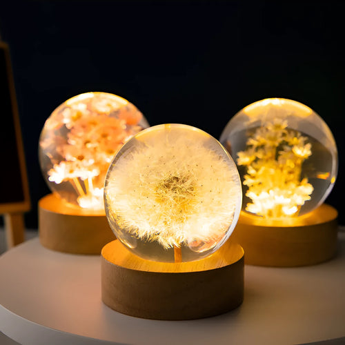 3D dandelion crystal ball USB night light on a beech wood stand base.