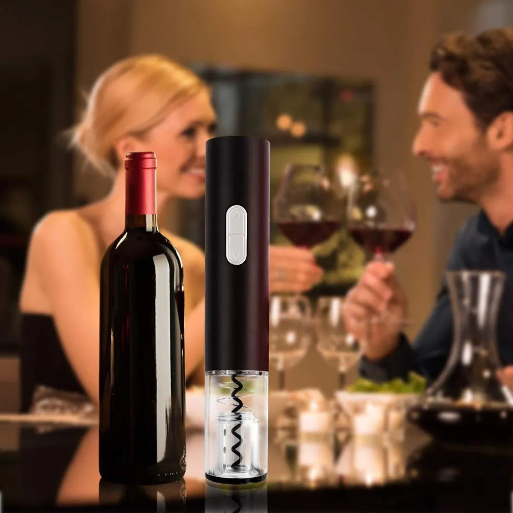 Black automatic electric wine bottle opener with foil cutter on a kitchen counter