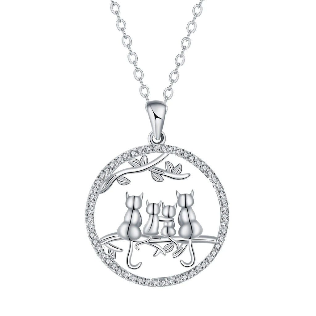 Four kitten pendant necklace on copper cross chain with electroplated finish