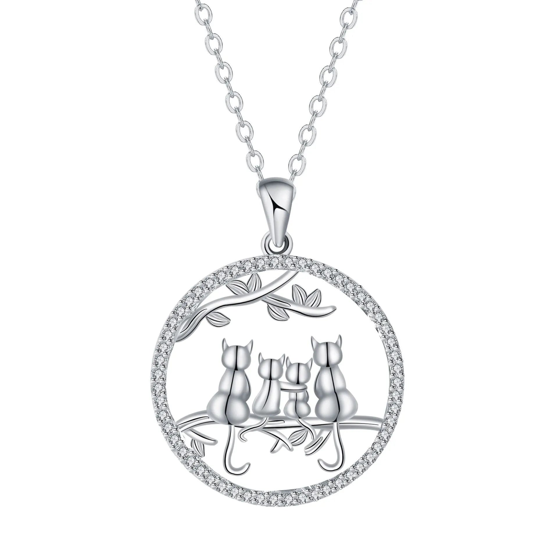 Four kitten pendant necklace on copper cross chain with electroplated finish