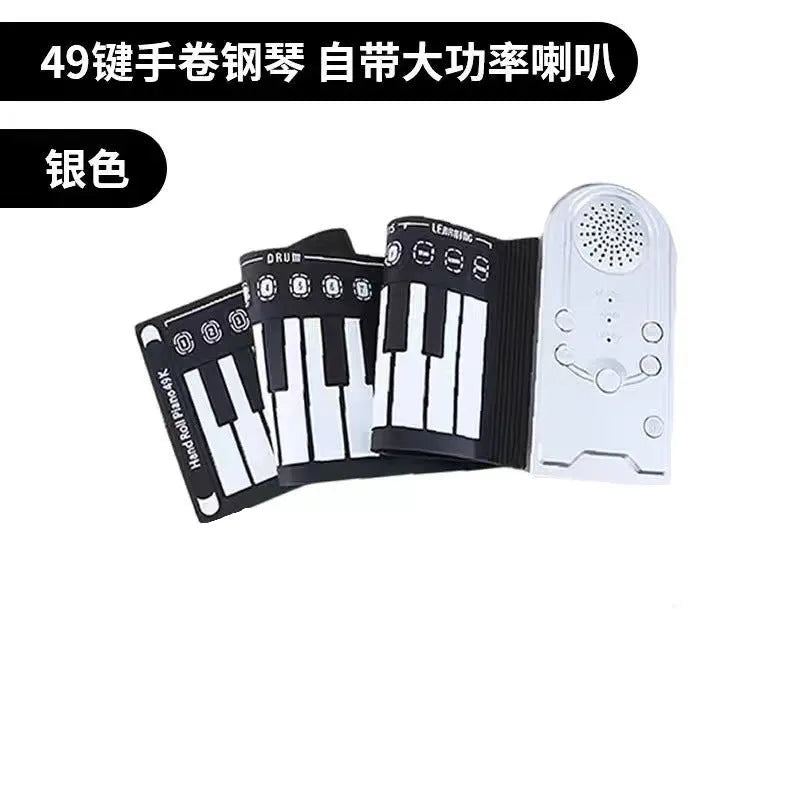 Folding electronic keyboard with 49 keys in pearl white colour, shown both rolled and unrolled
