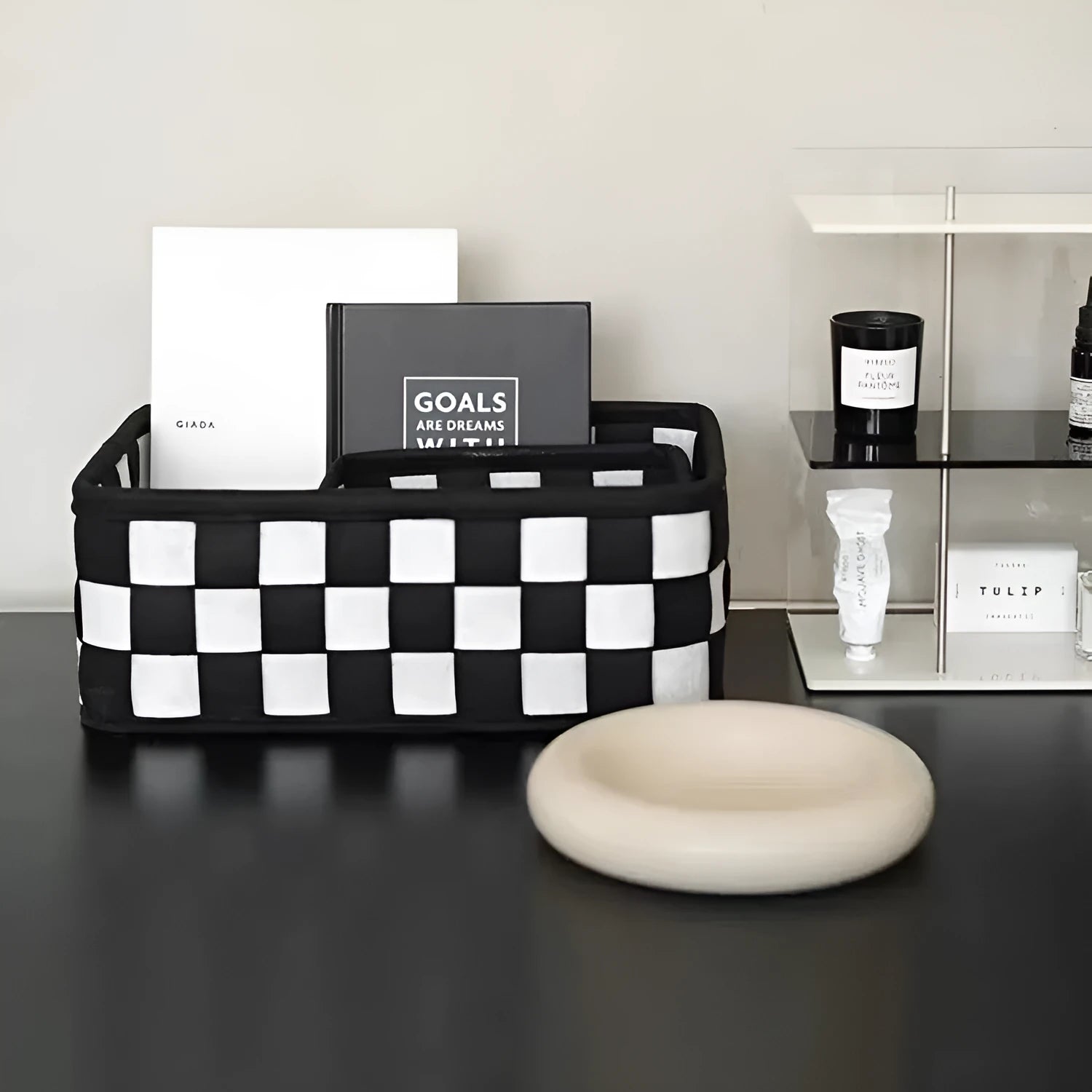 Grey checkerboard woven felt storage box folded flat showing dimensions 37x29x19.5cm