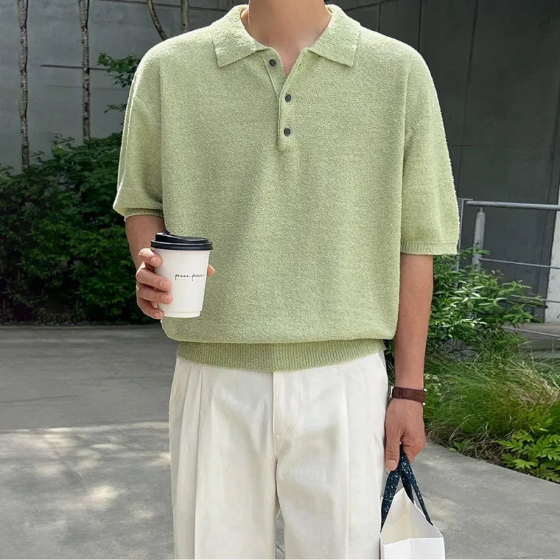 Men's retro knitted polo shirt with asymmetric design in caramel colour, short sleeves, loose fit