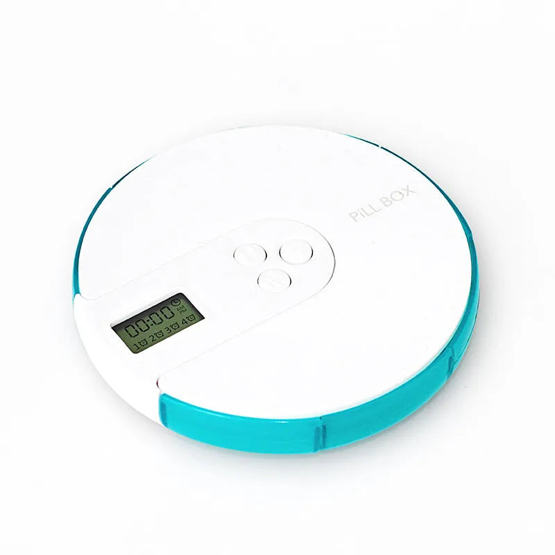 7-compartment alarm clock pill dispenser in blue plastic with digital display