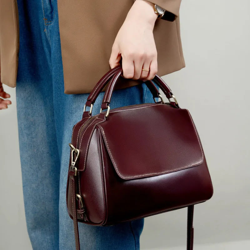 Women's genuine leather crossbody tote bag in cross-square shape with double straps and internal compartments