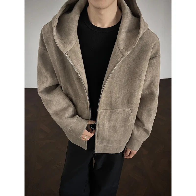 Men's plus size loose fit hooded tie-dyed cardigan coat in black, side pockets