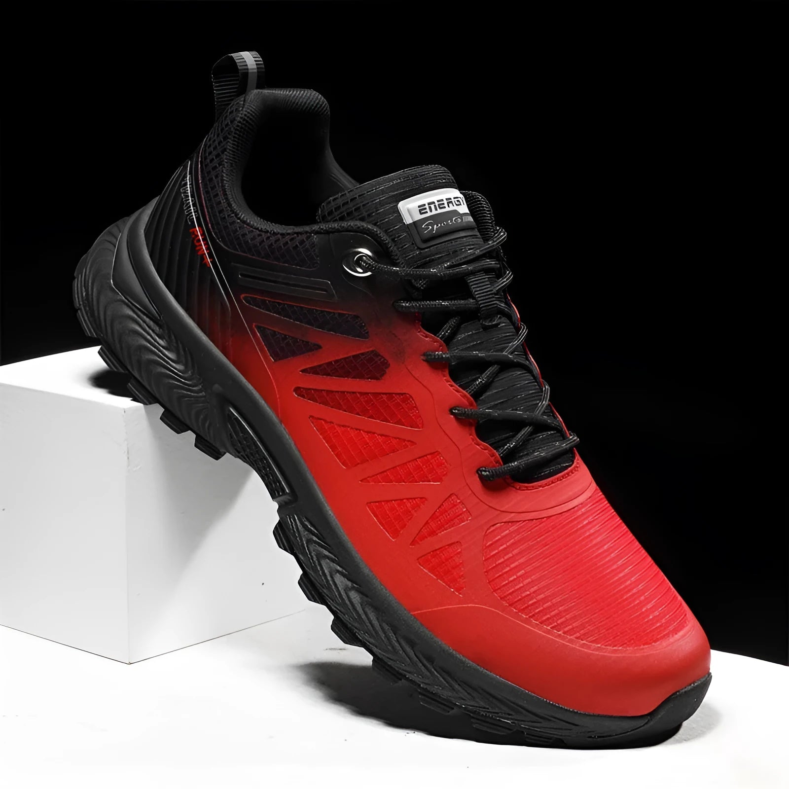 Men's plus size black mesh running shoes with round toe and lace-up front
