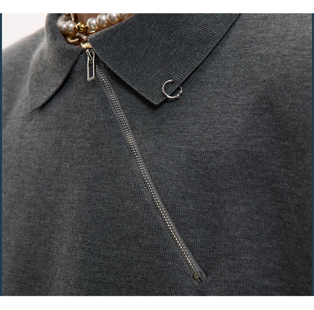 Men's slim-fit knitted polo shirt with oblique zipper lapel collar in solid colour option