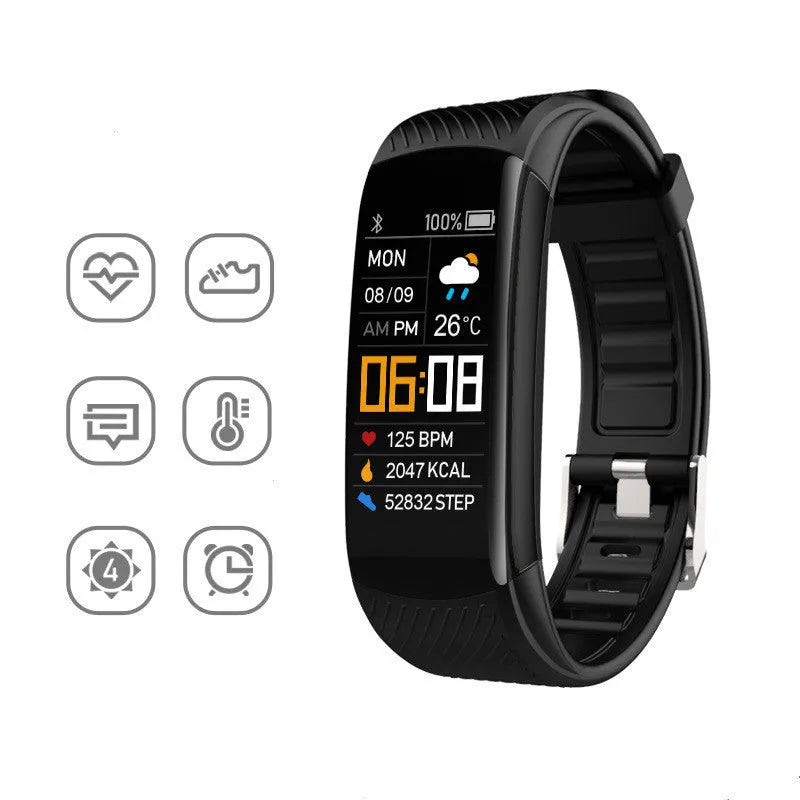 Black sports pedometer bracelet with 0.96-inch touch screen on wrist
