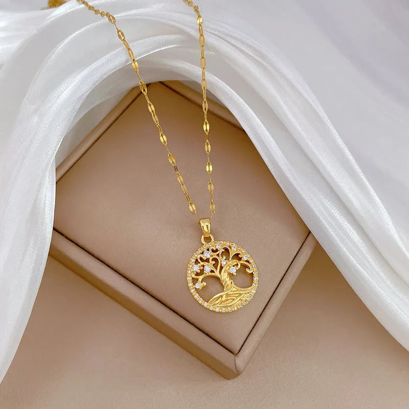 Gold-plated lucky tree necklace with mother pearl pendant on adjustable stainless steel chain