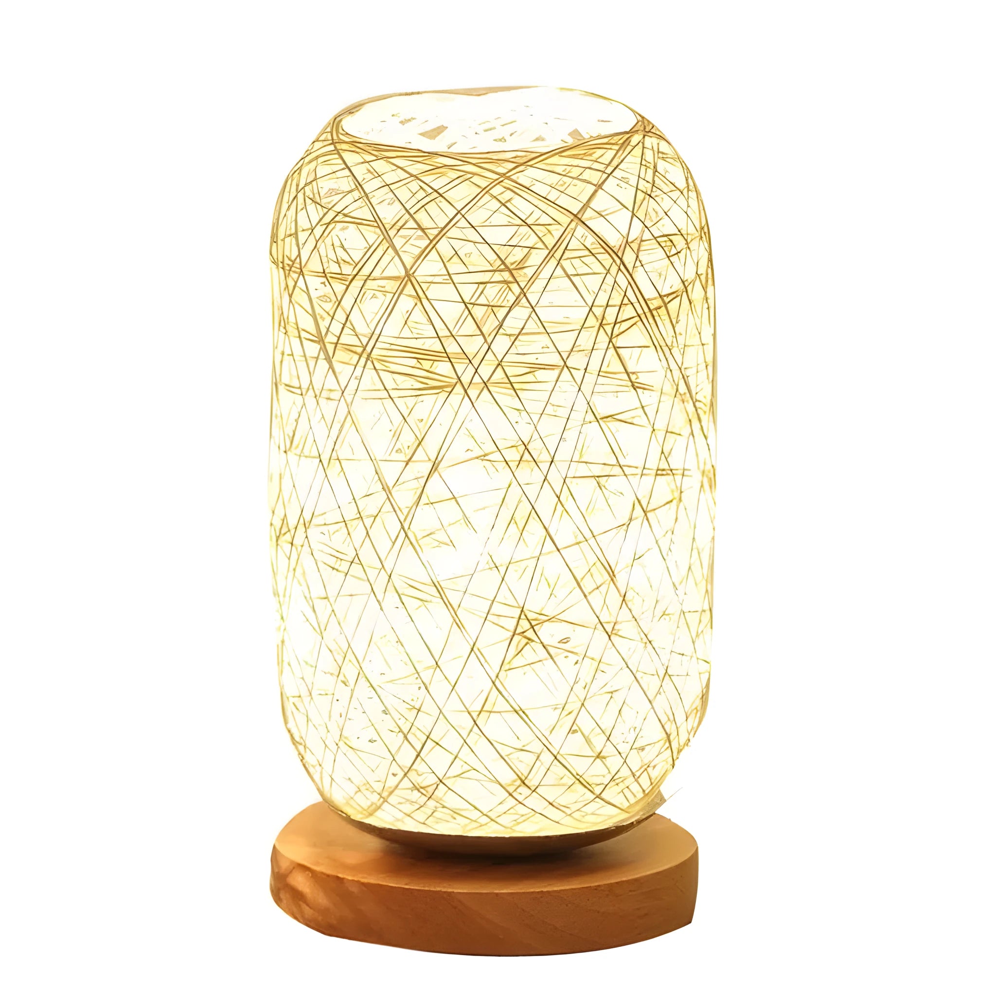 Twine Sepak Takraw desk lamp with woven hemp rope shade on solid wood base